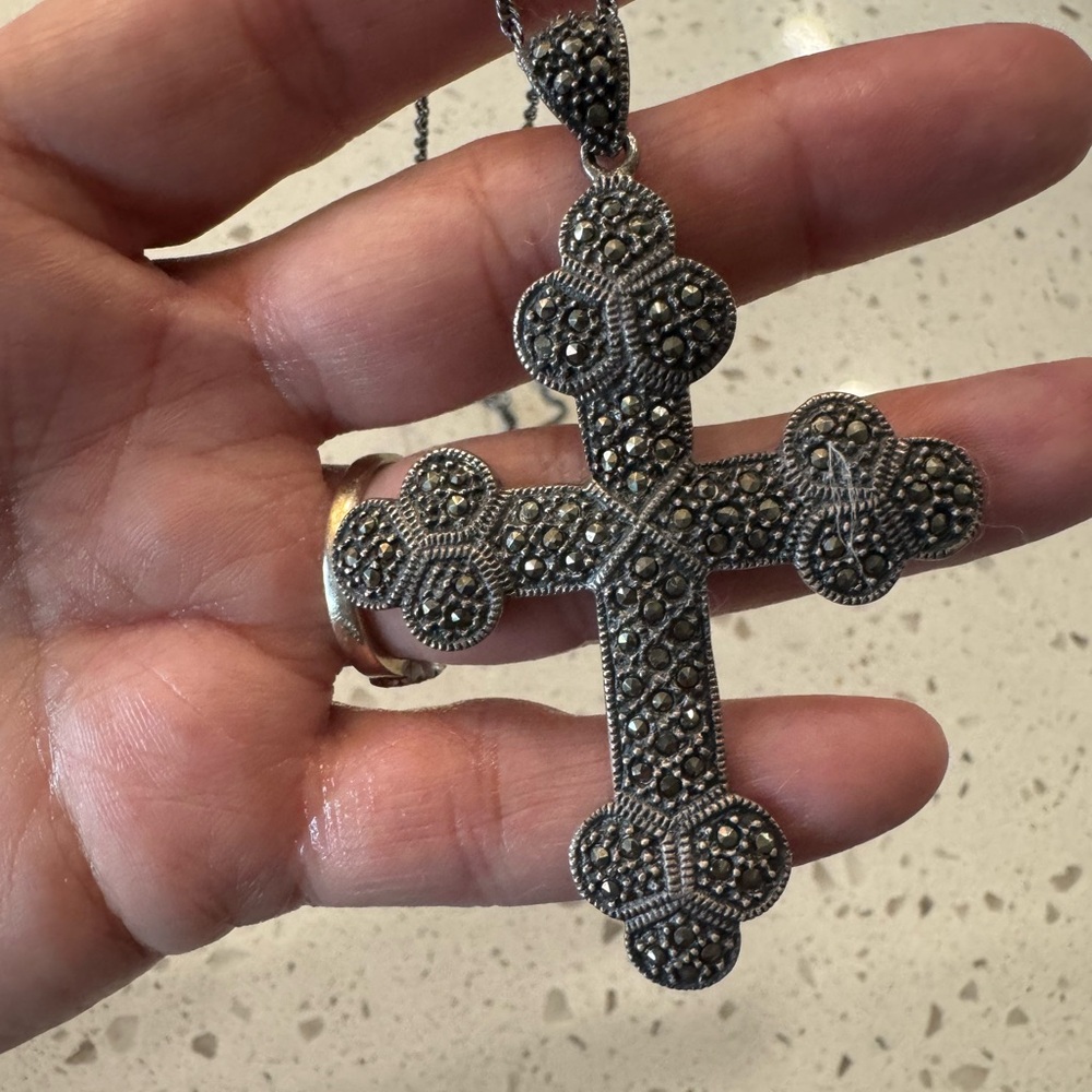 Ornate Marcasite Cross Pendant Necklace - Silver Tone